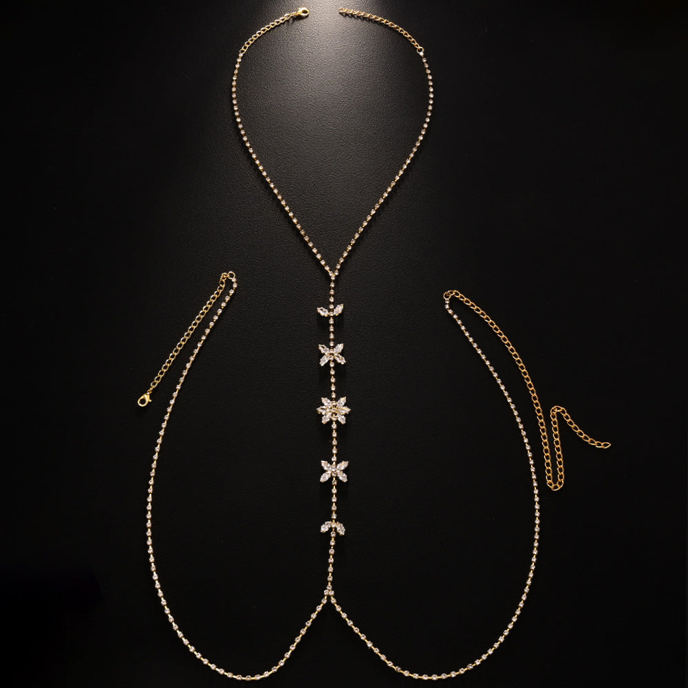 Silver Body Chain For Women With Butterfly Pattern, Rhinestones And White Crystal Inlay, Electroplated Copper Plated Chest Jewelry