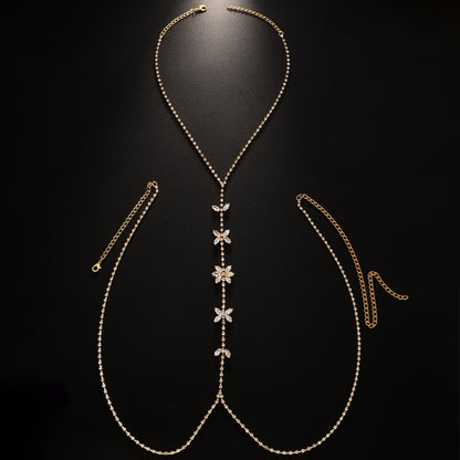 Silver Body Chain For Women With Butterfly Pattern, Rhinestones And White Crystal Inlay, Electroplated Copper Plated Chest Jewelry