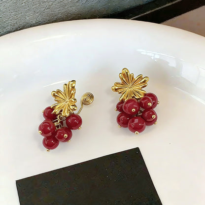 Retro Wine Red Leaf Drop Earrings For Women In Zinc Alloy, Available As Clip Earrings