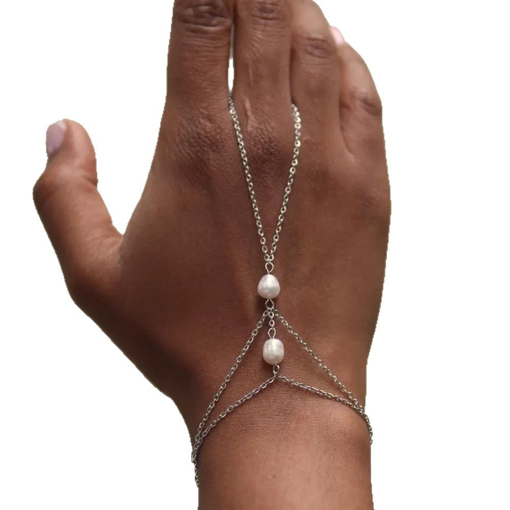 Red Pearl Hand Chain Bracelet For Women With Alloy Chain Featuring Crystal Inlay