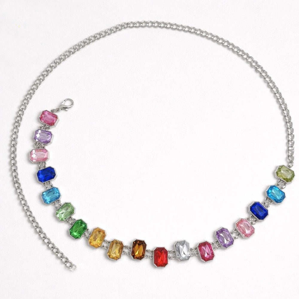 Exaggerated Silver Waist Chain For Women Featuring Geometric Pattern And Electroplated Metal With Rhinestones Inlay