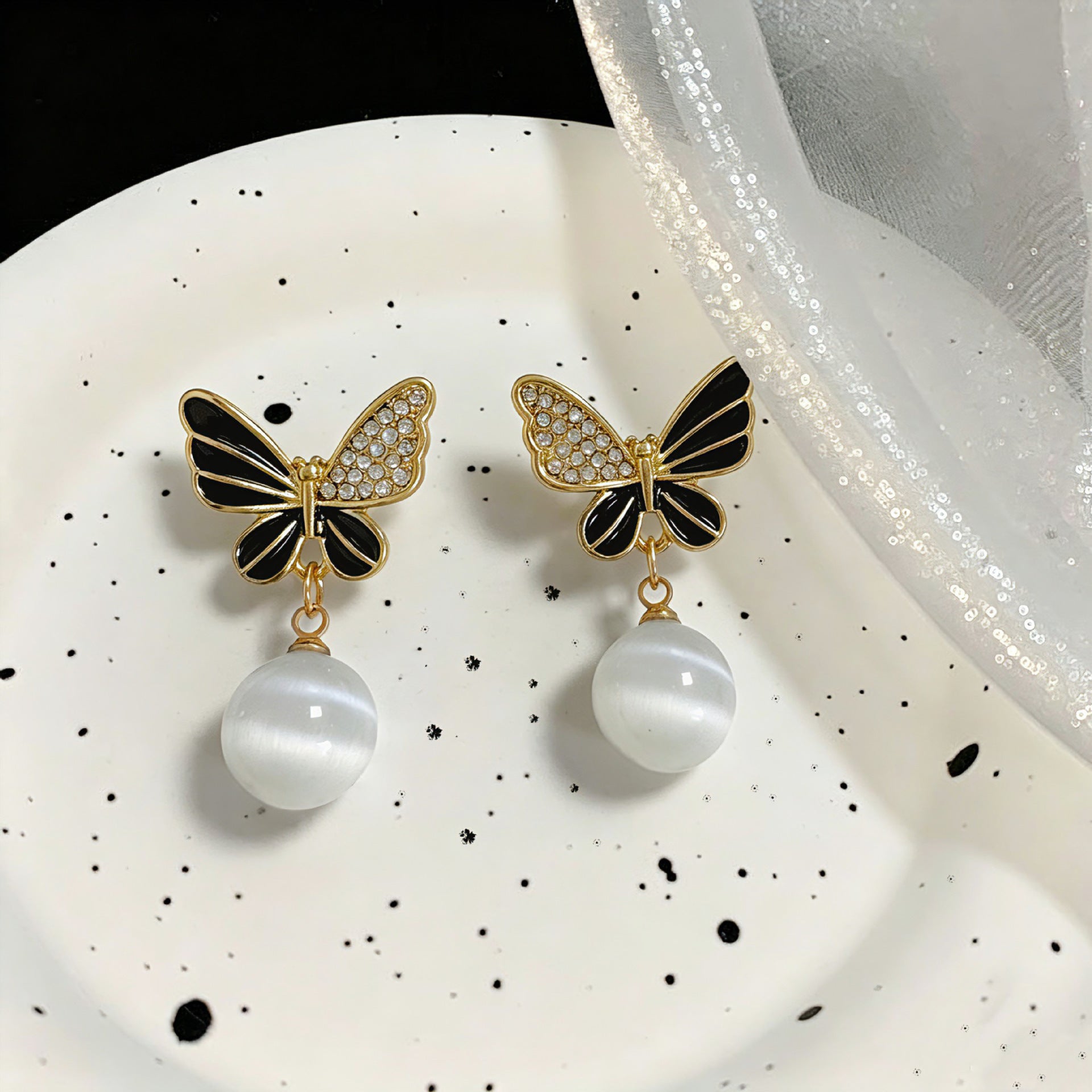 Butterfly Stud Earrings For Unisex In Light Grey Alloy Featuring Electroplated Finish With 925 Sterling Silver Posts