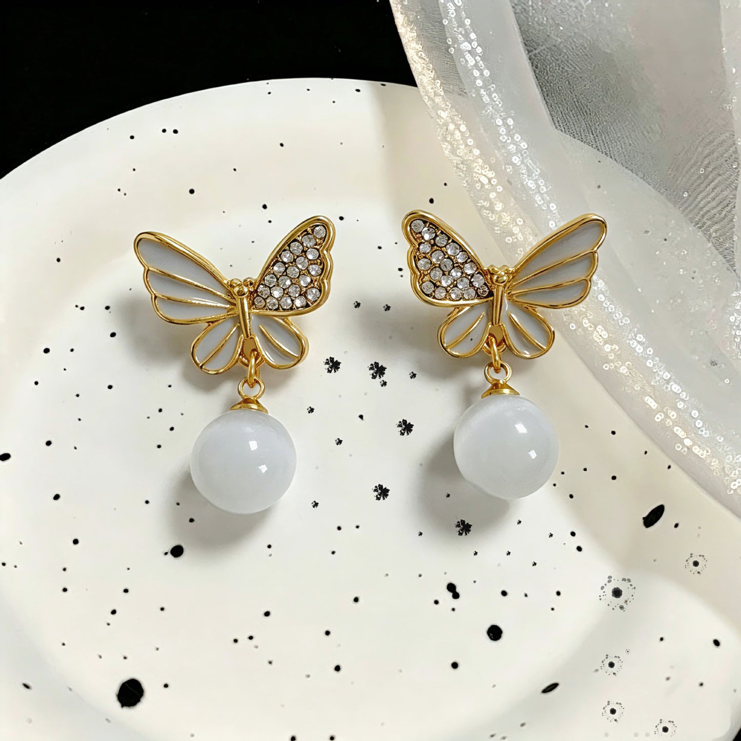 Butterfly Stud Earrings For Unisex In Light Grey Alloy Featuring Electroplated Finish With 925 Sterling Silver Posts