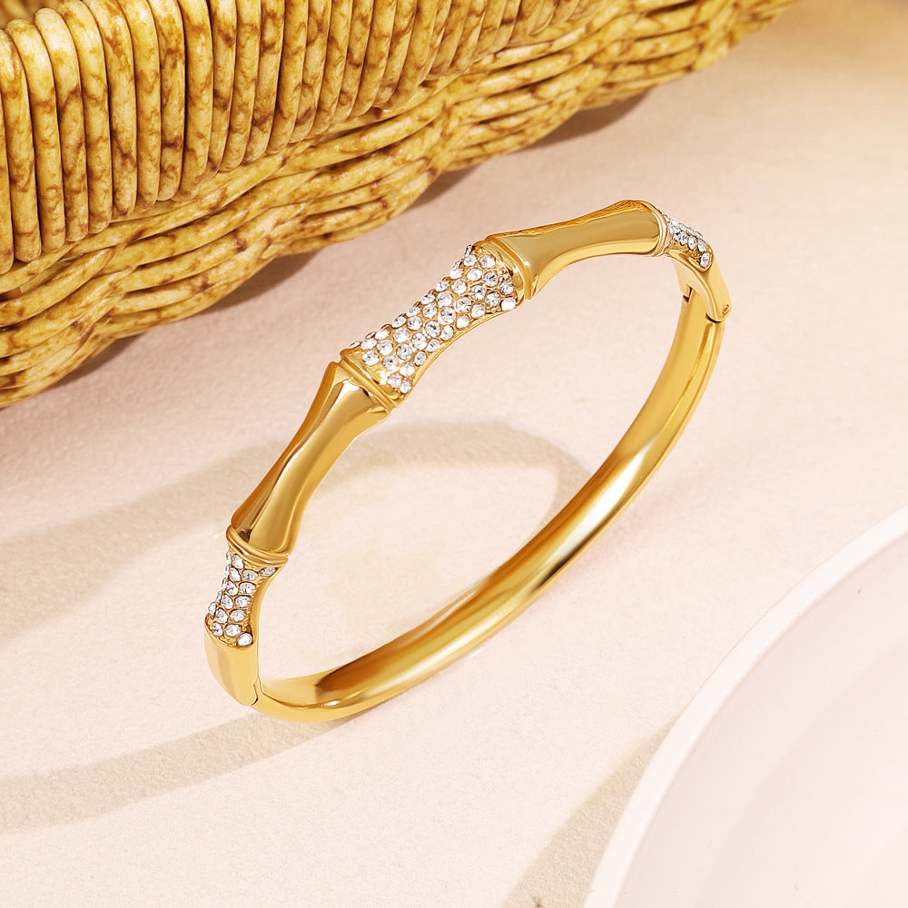 Women’s Circle Bamboo Tube Bangle With Rhinestone Inlay, Electroplated Titanium Steel