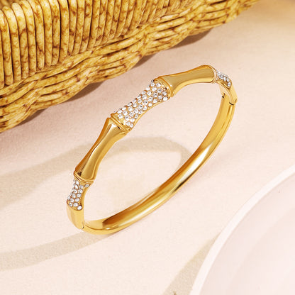 Women’s Circle Bamboo Tube Bangle With Rhinestone Inlay, Electroplated Titanium Steel