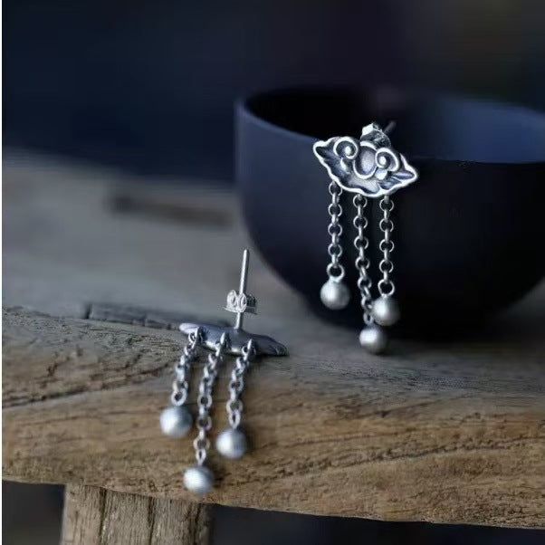 New Year Clouds Drop Earrings For Women Featuring Silver Tassel Craft In 925 Sterling Silver Stud Earrings