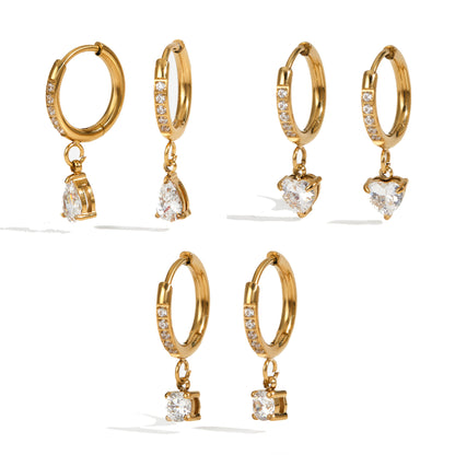 Simple Style Heart Shape Earrings For Women In Titanium Steel With Zircon Inlay, 18K Real Gold Plated And 304 Stainless Steel Ear Pins