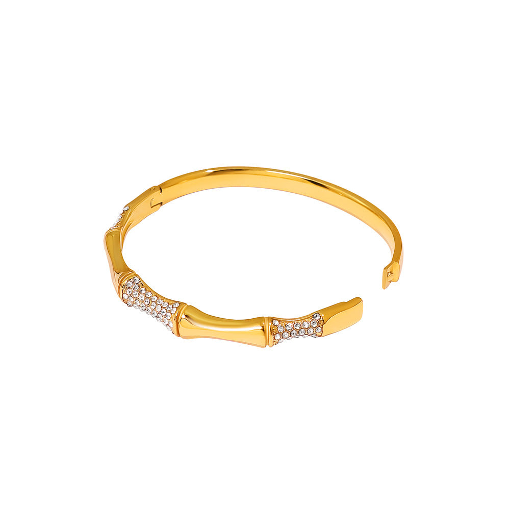 Women’s Circle Bamboo Tube Bangle With Rhinestone Inlay, Electroplated Titanium Steel
