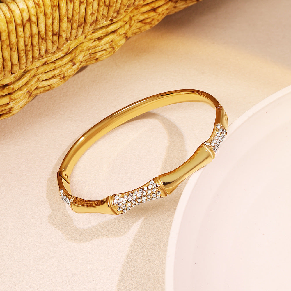 Women’s Circle Bamboo Tube Bangle With Rhinestone Inlay, Electroplated Titanium Steel