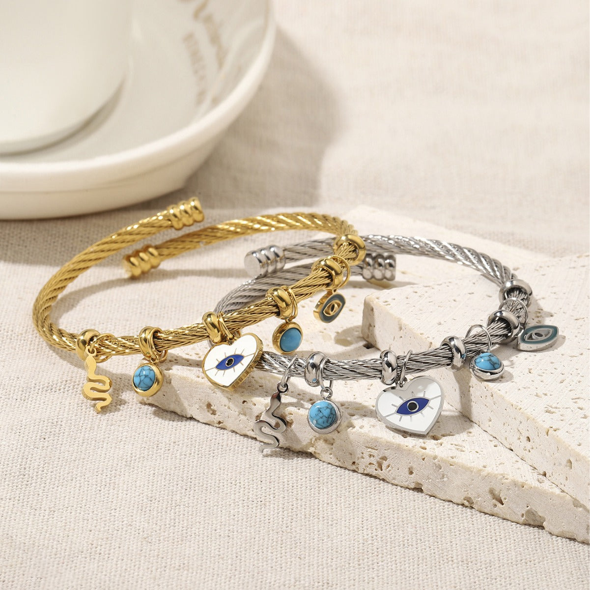 Devil's Eye Luxurious Enamel Bangle For Women In Gold Titanium Steel