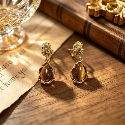 Retro Style Tiger Eye Stud Earrings For Women With 925 Sterling Silver Folds