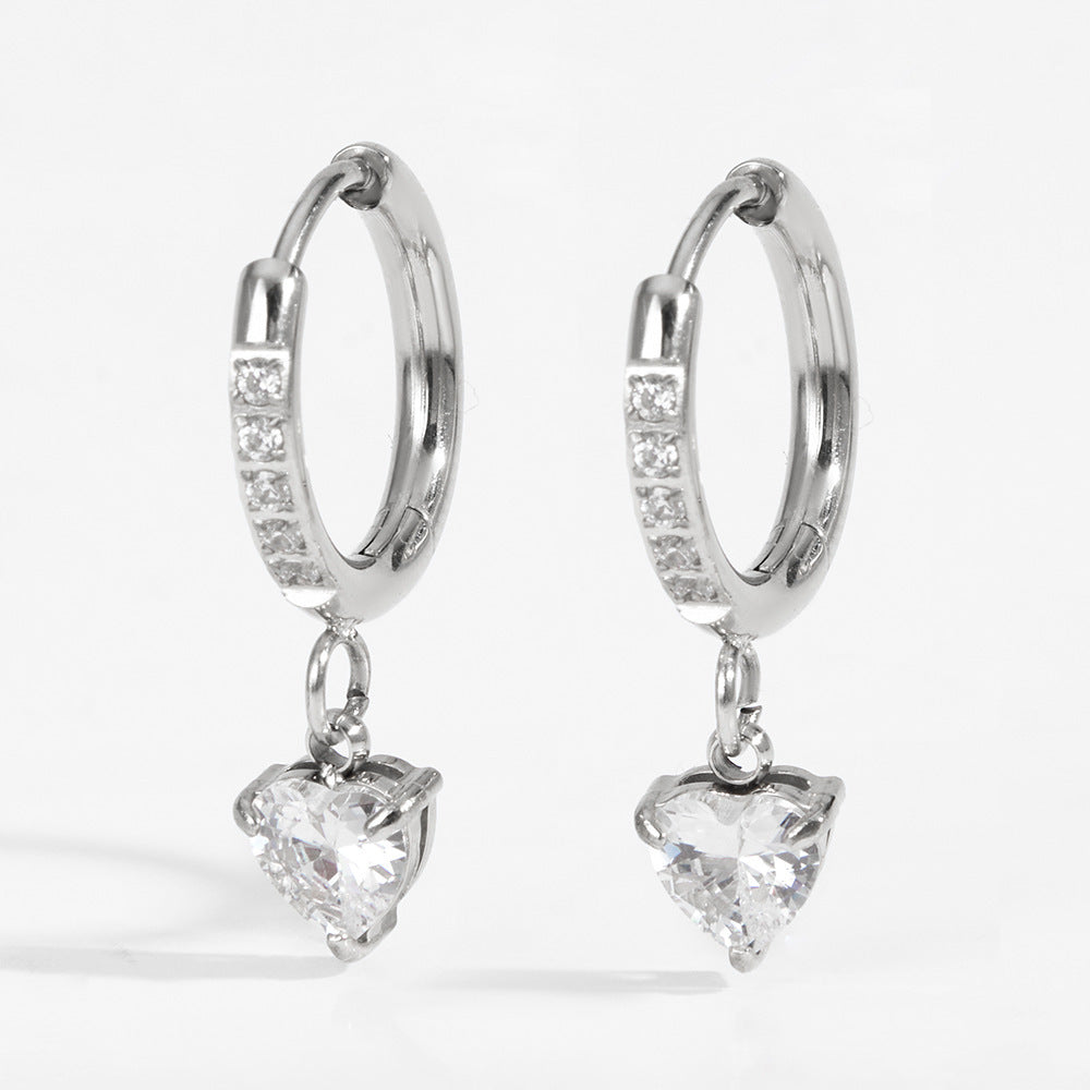 Simple Style Heart Shape Earrings For Women In Titanium Steel With Zircon Inlay, 18K Real Gold Plated And 304 Stainless Steel Ear Pins