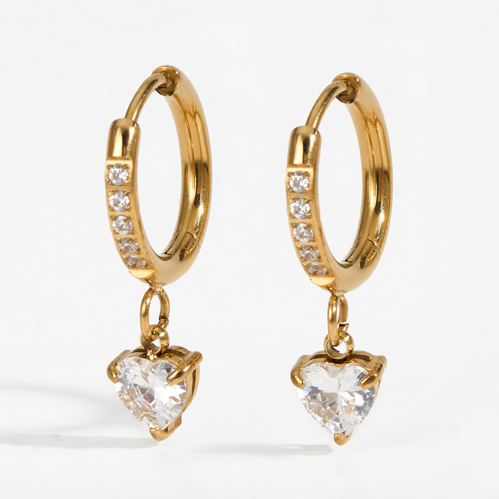 Simple Style Heart Shape Earrings For Women In Titanium Steel With Zircon Inlay, 18K Real Gold Plated And 304 Stainless Steel Ear Pins