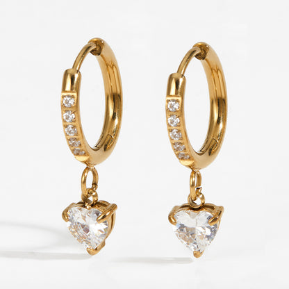 Simple Style Heart Shape Earrings For Women In Titanium Steel With Zircon Inlay, 18K Real Gold Plated And 304 Stainless Steel Ear Pins