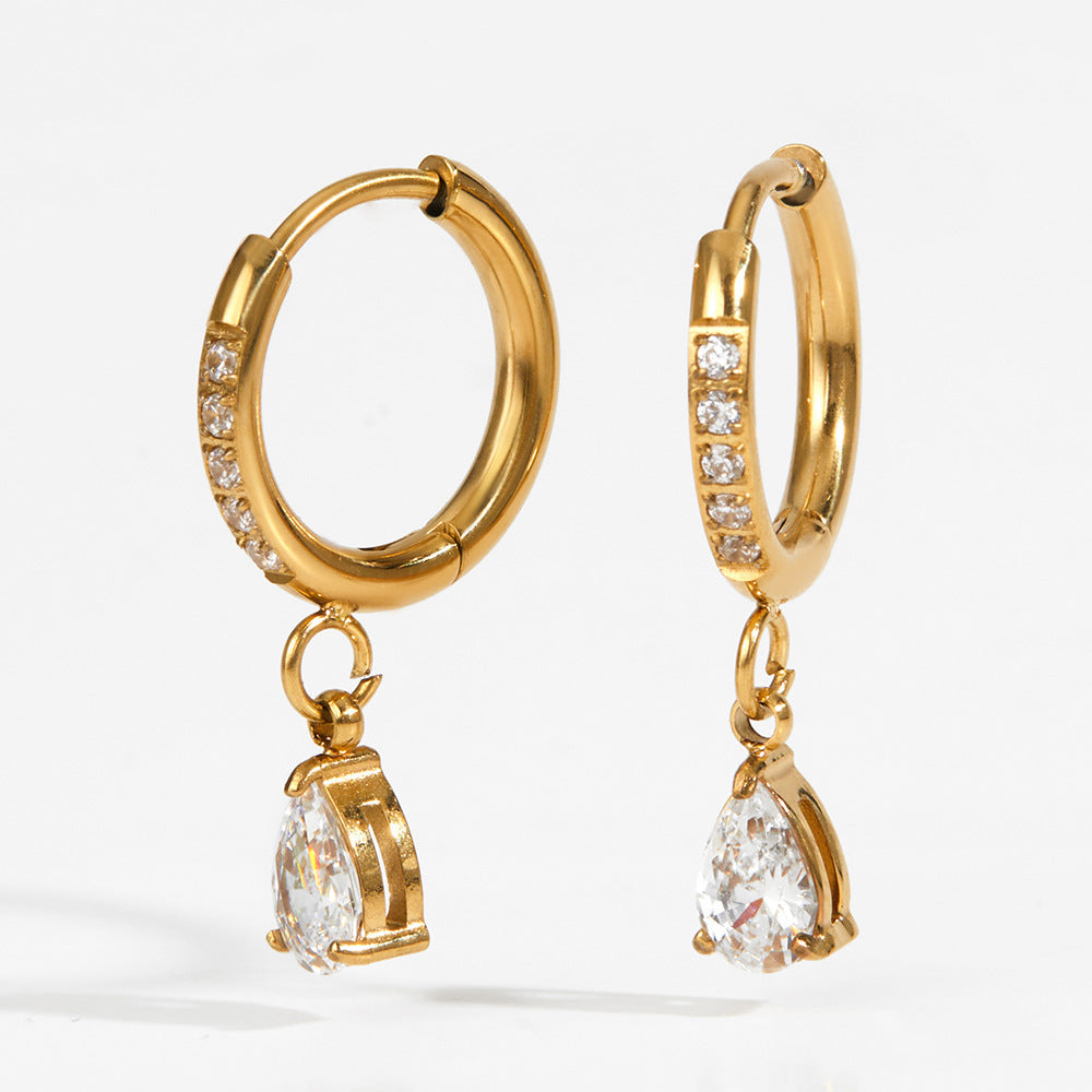 Simple Style Heart Shape Earrings For Women In Titanium Steel With Zircon Inlay, 18K Real Gold Plated And 304 Stainless Steel Ear Pins