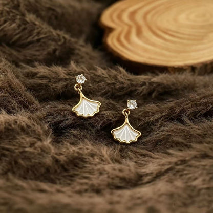 Ginkgo Leaf Stud Earrings For Unisex Featuring White Copper And Mother-of-pearl Shell Inlay In Sweet Style