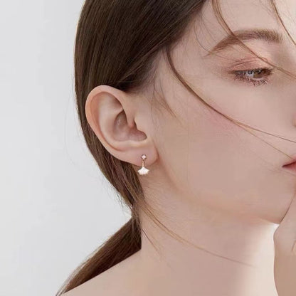 Ginkgo Leaf Stud Earrings For Unisex Featuring White Copper And Mother-of-pearl Shell Inlay In Sweet Style