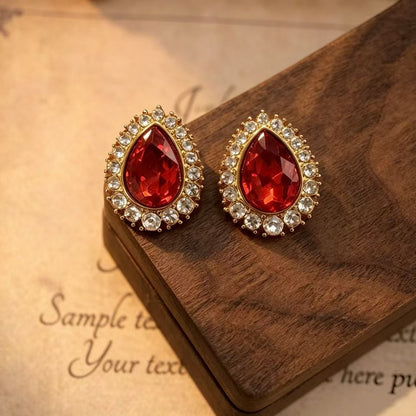 Elaborate Retro Water Droplets Stud Earrings For Unisex In Red Alloy With Rhinestones Inlay