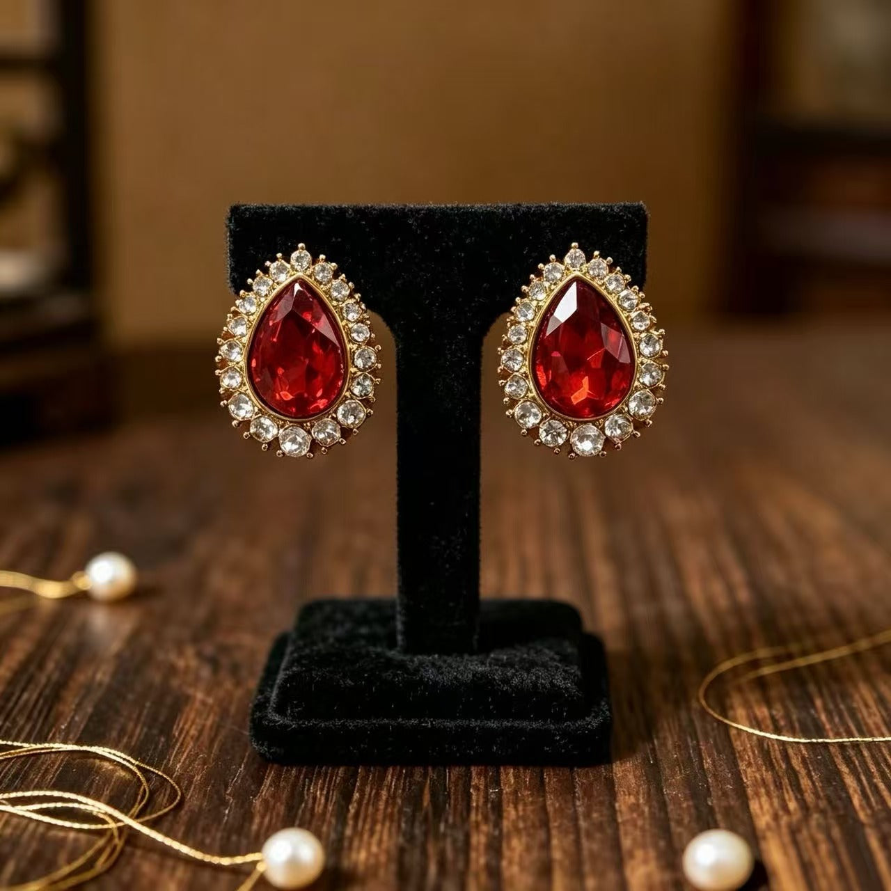 Elaborate Retro Water Droplets Stud Earrings For Unisex In Red Alloy With Rhinestones Inlay
