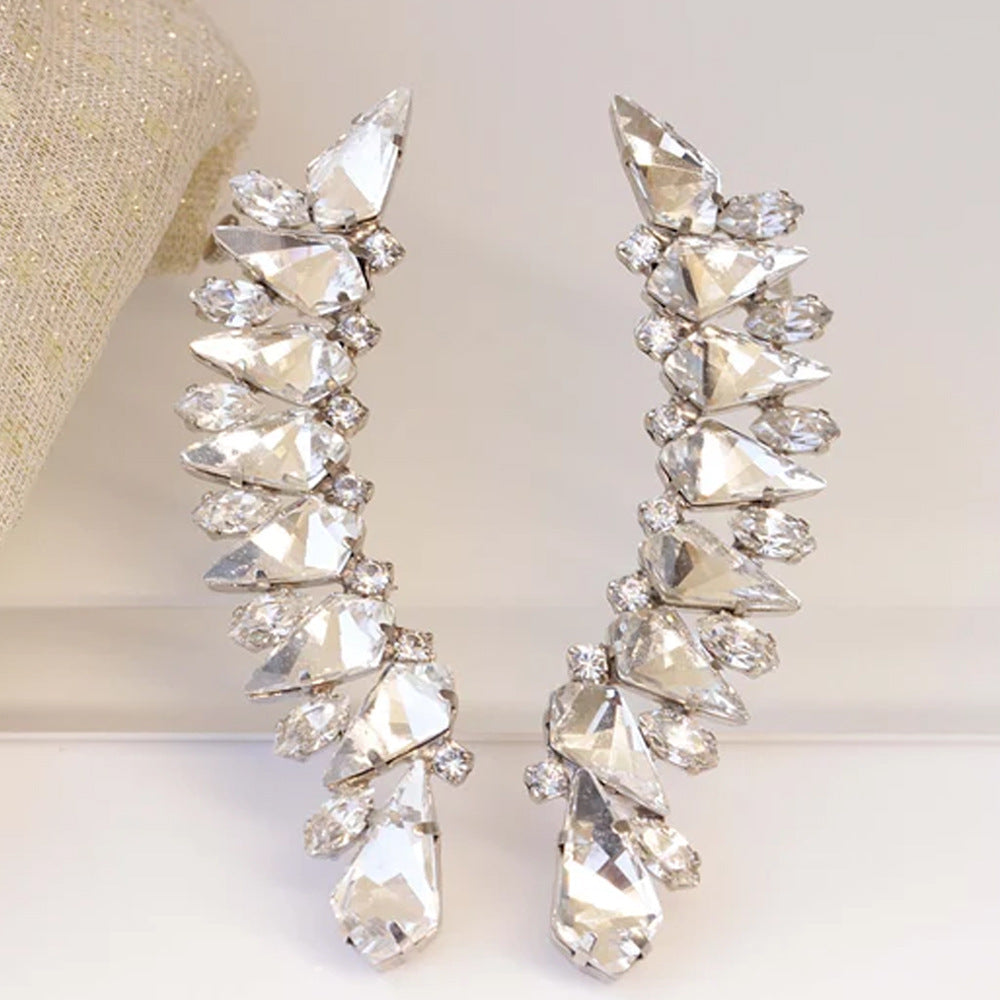 Trillion-cut Silver Clip Earrings For Women In Electroplated Alloy With Rhinestone Inlay