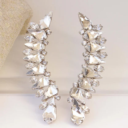 Trillion-cut Silver Clip Earrings For Women In Electroplated Alloy With Rhinestone Inlay