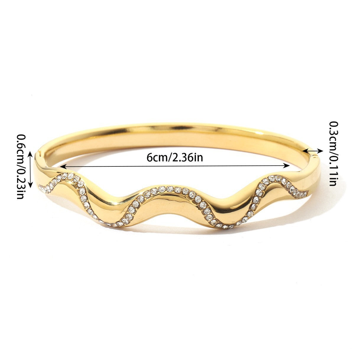 Waves Simple Style Bangle With Rhinestone Inlay, Electroplated Titanium Steel Jewelry