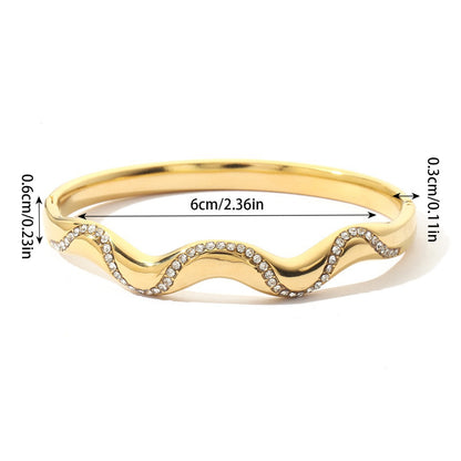 Waves Simple Style Bangle With Rhinestone Inlay, Electroplated Titanium Steel Jewelry