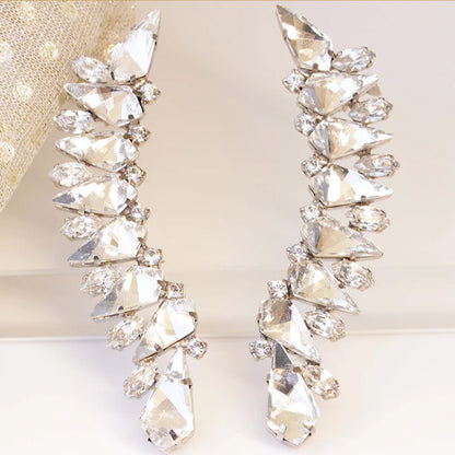 Trillion-cut Silver Clip Earrings For Women In Electroplated Alloy With Rhinestone Inlay