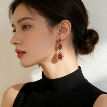 Water Droplets Stud Earrings For Unisex In Wine Red Alloy With Rhinestones Featuring 925 Sterling Silver Posts