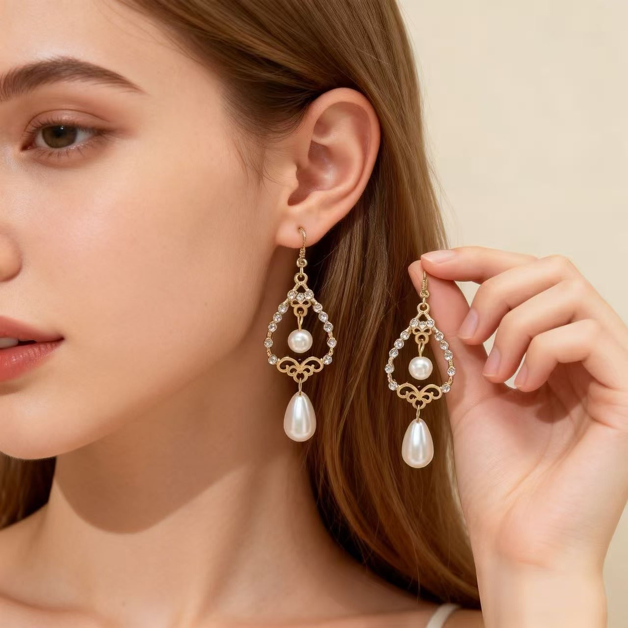 Water Droplets Stone Texture Earrings For Unisex Featuring Ethnic Style And Artificial Pearl Inlay In Zinc Alloy