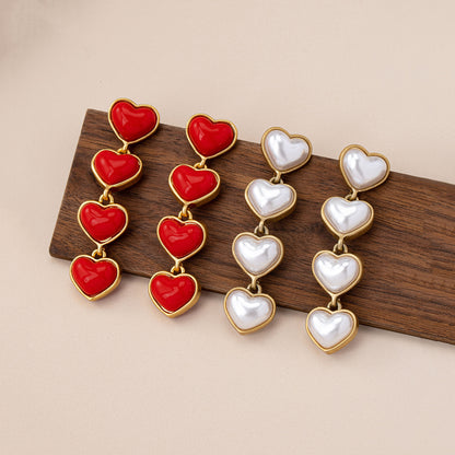 Retro Heart Shape Stud Earrings With Tassel In Red, Electroplated Finish And Zinc Alloy Posts