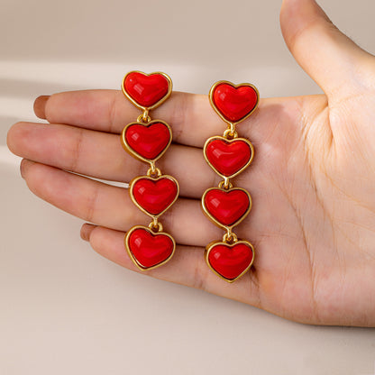 Retro Heart Shape Stud Earrings With Tassel In Red, Electroplated Finish And Zinc Alloy Posts
