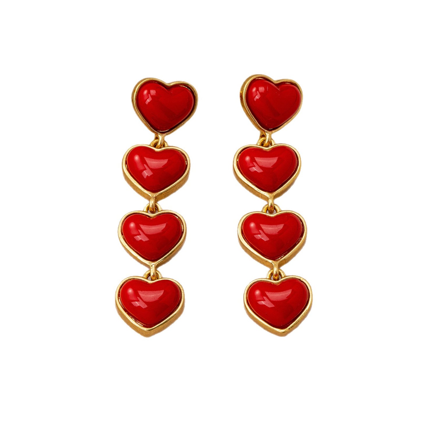Retro Heart Shape Stud Earrings With Tassel In Red, Electroplated Finish And Zinc Alloy Posts
