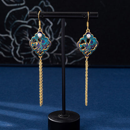 Ethnic Style Leaf Tassel Earrings For Women In Zinc Alloy With Electroplated Finish And Imitation Jade Glass Beads, Clip Earrings