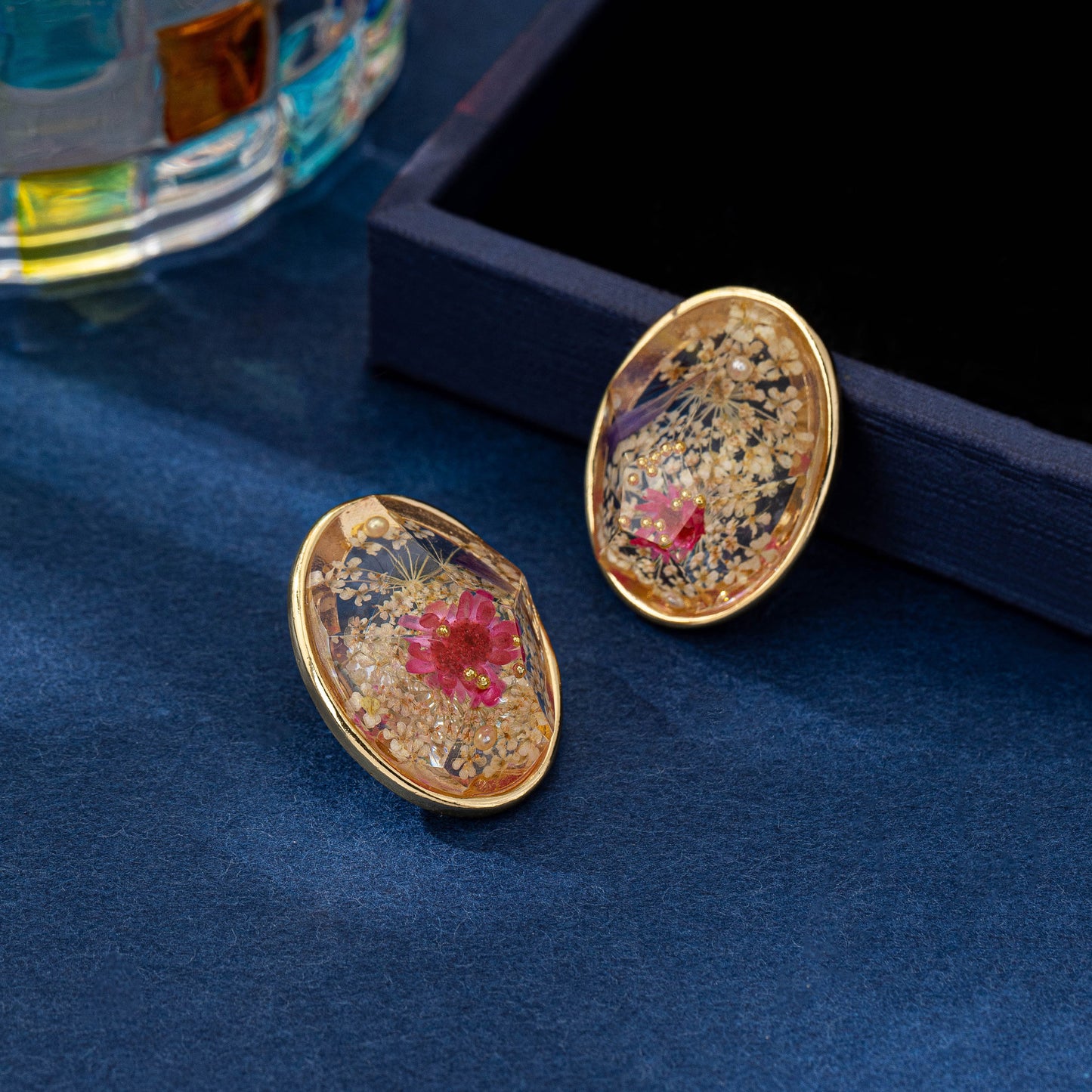 Dried Flowers Stud Earrings For Women In Natural Pink With Amber Inlay, Zinc Alloy, And Electroplated Finish