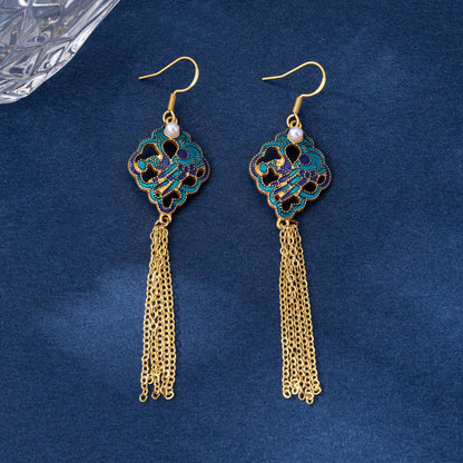 Ethnic Style Leaf Tassel Earrings For Women In Zinc Alloy With Electroplated Finish And Imitation Jade Glass Beads, Clip Earrings