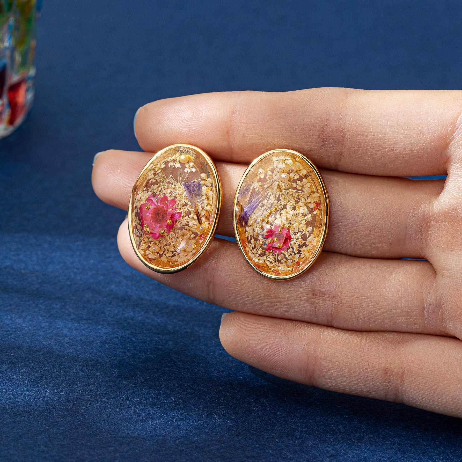 Dried Flowers Stud Earrings For Women In Natural Pink With Amber Inlay, Zinc Alloy, And Electroplated Finish