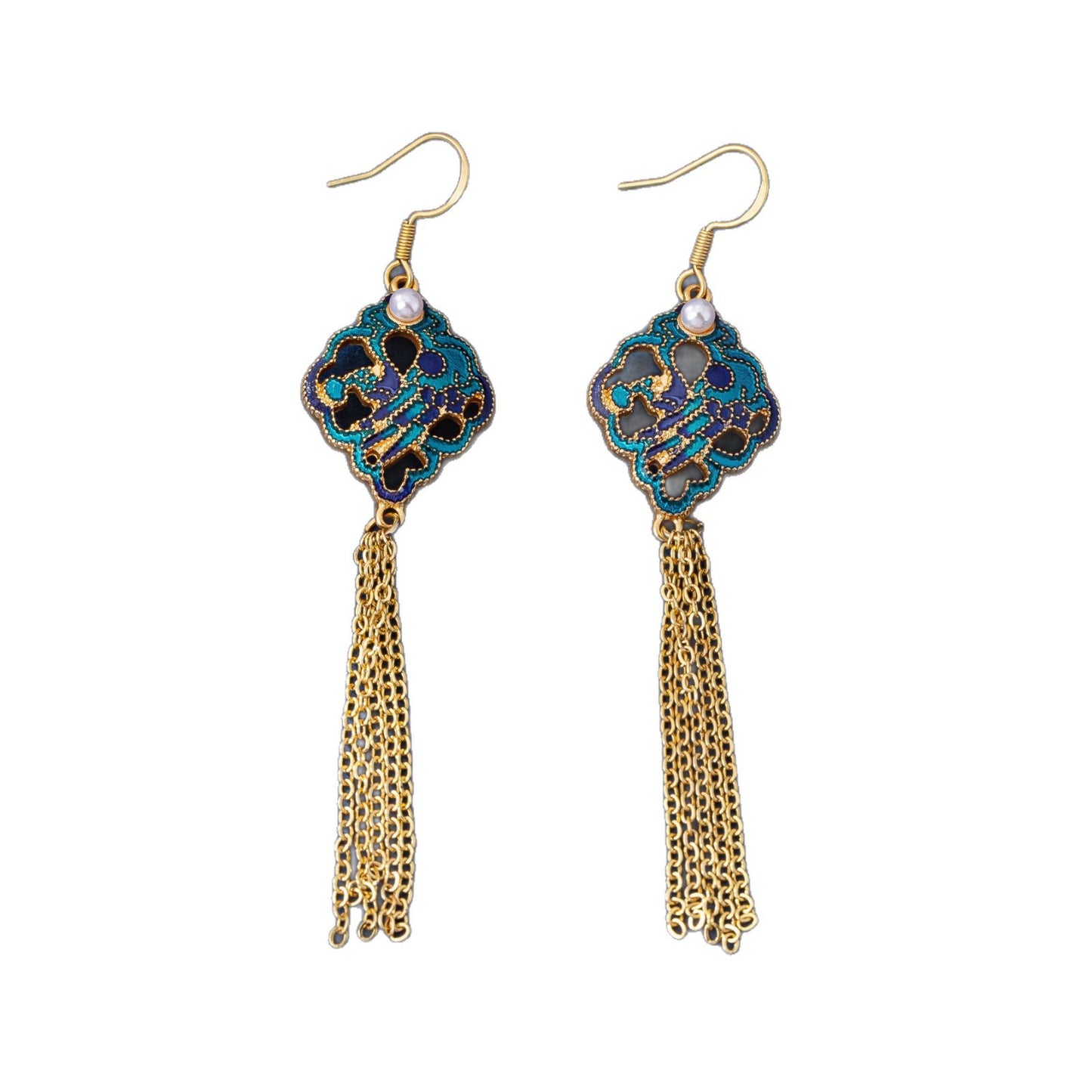 Ethnic Style Leaf Tassel Earrings For Women In Zinc Alloy With Electroplated Finish And Imitation Jade Glass Beads, Clip Earrings