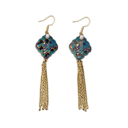 Ethnic Style Leaf Tassel Earrings For Women In Zinc Alloy With Electroplated Finish And Imitation Jade Glass Beads, Clip Earrings