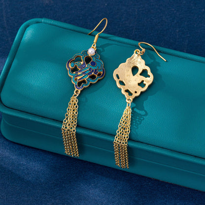 Ethnic Style Leaf Tassel Earrings For Women In Zinc Alloy With Electroplated Finish And Imitation Jade Glass Beads, Clip Earrings