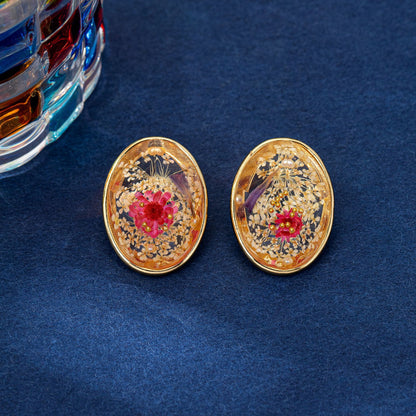 Dried Flowers Stud Earrings For Women In Natural Pink With Amber Inlay, Zinc Alloy, And Electroplated Finish