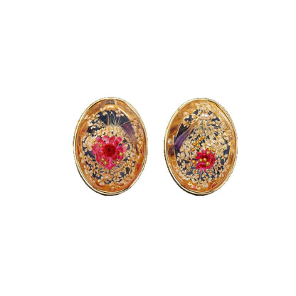 Dried Flowers Stud Earrings For Women In Natural Pink With Amber Inlay, Zinc Alloy, And Electroplated Finish