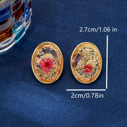 Dried Flowers Stud Earrings For Women In Natural Pink With Amber Inlay, Zinc Alloy, And Electroplated Finish