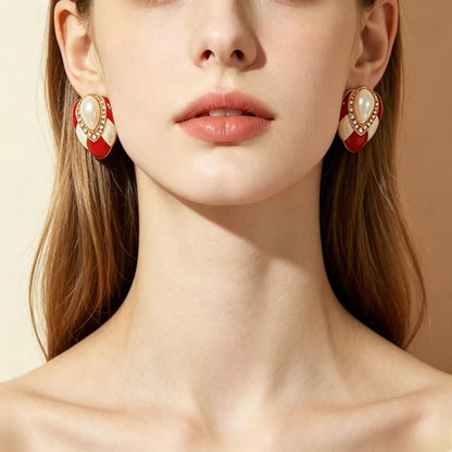 Geometric Enamel Stud Earrings For Unisex Featuring Red Zinc Alloy With 925 Sterling Silver Ear Pins