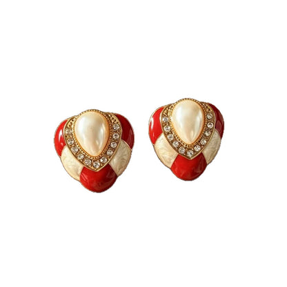 Geometric Enamel Stud Earrings For Unisex Featuring Red Zinc Alloy With 925 Sterling Silver Ear Pins