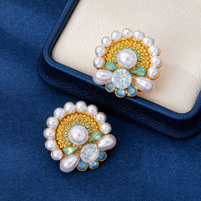 Round Stud Earrings For Women Featuring Artificial Pearl Inlay With 925 Sterling Silver Posts And Zinc Alloy Design In Silver