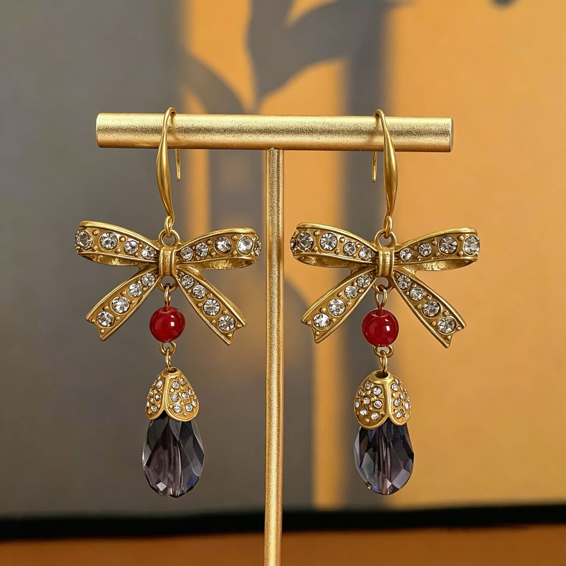Retro Unisex Bow Tie Drop Earrings With Copper Ear Pins And Tassel Craft, Zinc Alloy Base With Rhinestone Inlay