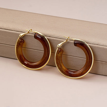 C Shape Hoop Earrings For Unisex Featuring Ombre Color And Zinc Alloy Material With Resin Studs In Retro Style