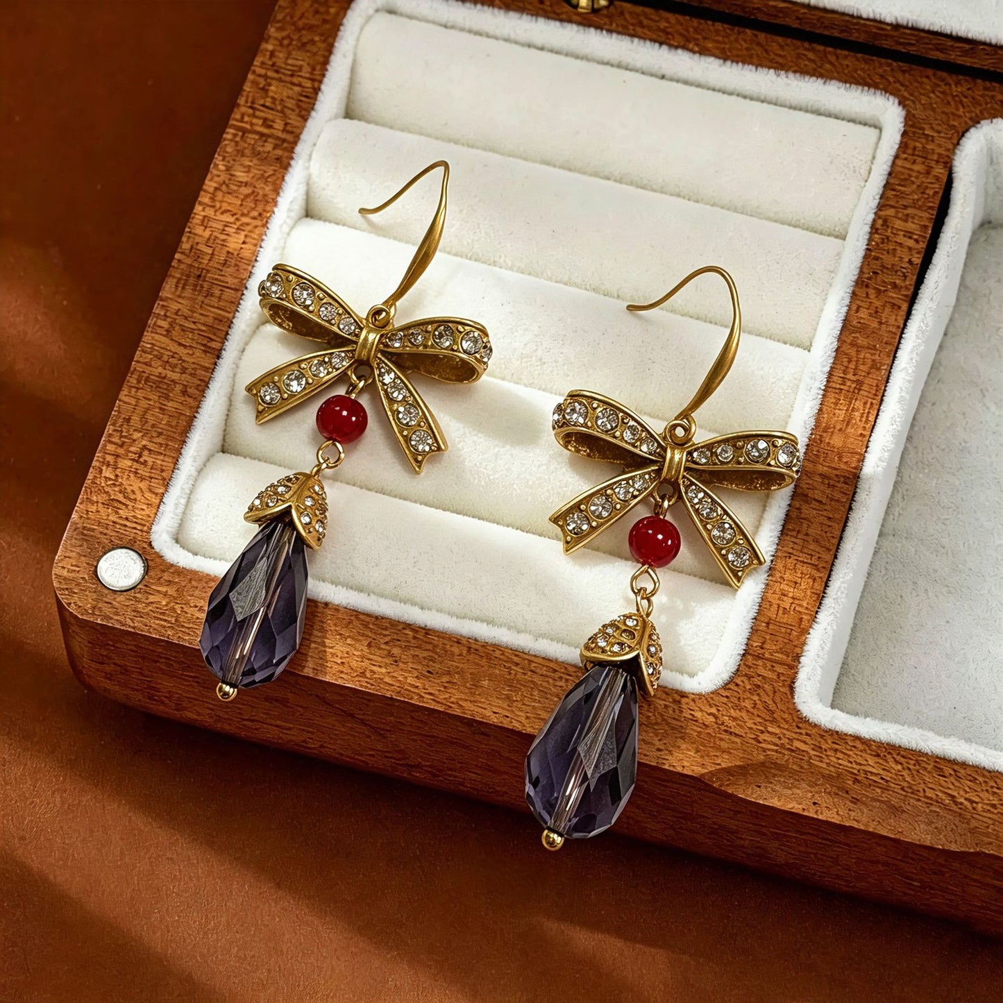 Retro Unisex Bow Tie Drop Earrings With Copper Ear Pins And Tassel Craft, Zinc Alloy Base With Rhinestone Inlay