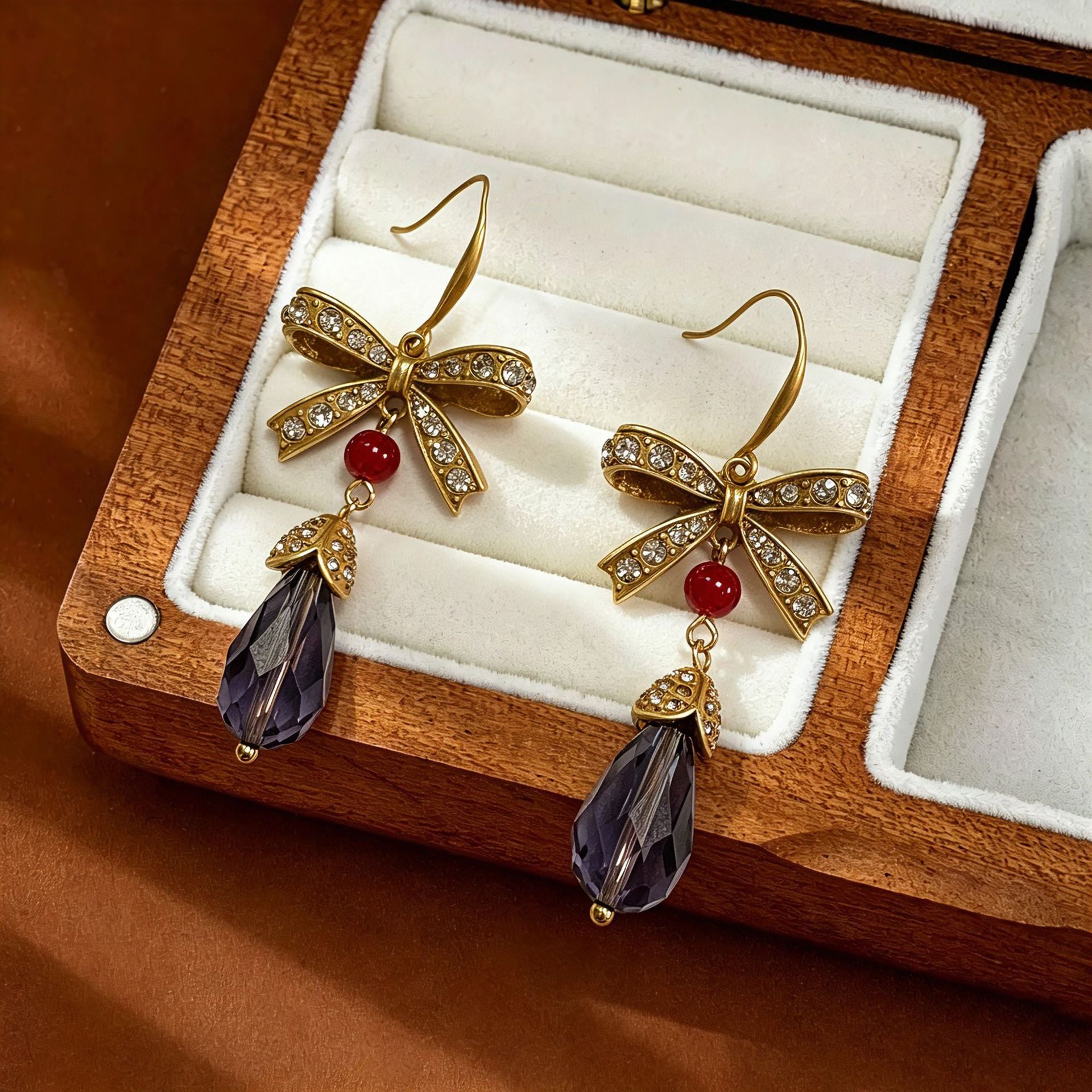 Retro Unisex Bow Tie Drop Earrings With Copper Ear Pins And Tassel Craft, Zinc Alloy Base With Rhinestone Inlay